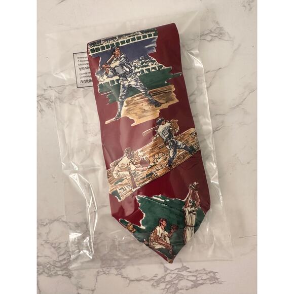 Vintage Imported Silk Baseball Tie Made USA Red Burgundy Maroon Batter Catcher - Picture 3 of 7